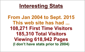 Interesting Stats  From Jan 2004 to Sept. 2015 This web site has had ... 108,271 First Time Visitors  185,310 Total Visitors    Viewing 618,942 Pages (I don’t have stats prior to 2004)