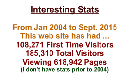 Interesting Stats  From Jan 2004 to Sept. 2015 This web site has had ... 108,271 First Time Visitors  185,310 Total Visitors    Viewing 618,942 Pages (I don’t have stats prior to 2004)